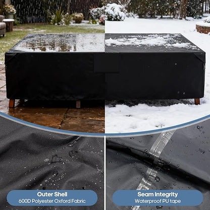 DUMOS Outdoor Furniture Cover Rectangular Heavy Duty 600D Waterproof UV Resistant Patio Sofa Couch Sectional Cover for Deck Table Chairs Backyard Dining Sets, 111"L x 74"W x 28"H, Classic Black