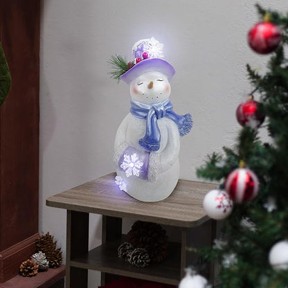 Alpine Corporation SKY560HH-S, Lavender Winter Snowman Statue w/Hand Muff, Twinkle LED Lights, Battery w/Timer, 14" H - Tabletop, Mantel, Yard, or Porch Décor, Christmas Decoration