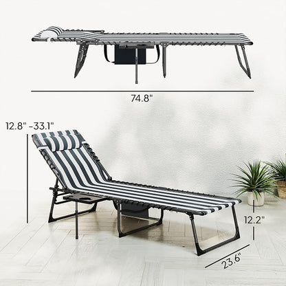 Outsunny Folding Chaise Lounge Chair Outdoor Tanning Chair with Side Table, 5-Level Adjustable Beach Lounge Chair with Headrest, Side Pocket for Patio, Backyard, Beach, Poolside, Blue and White