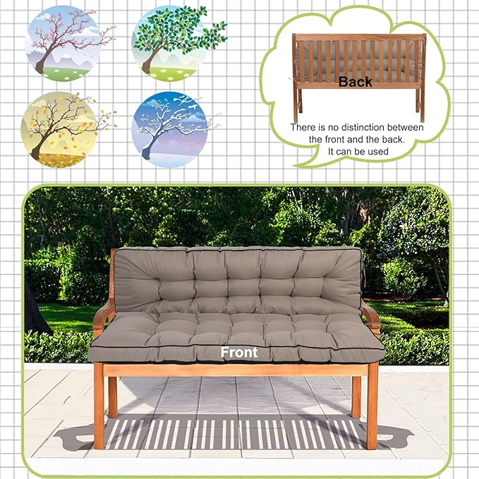 Swing Replacement Cushions with Backrest, 2 or 3 Seater Waterproof Non-Slip Overstuffed Swing Pad, Indoor/Outdoor Bench Cushion for Porch Chair Garden Furniture (Khaki, 40 * 63 in)