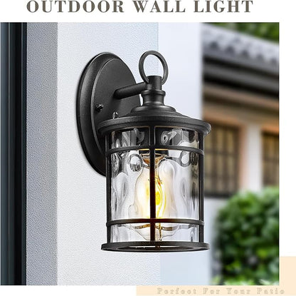 Emliviar 1-Light Outdoor Wall Mounted Lighting, Matte Black Outside Porch Light, 11.4" Aluminum Carriage Light with Water Ripple Glass, XE229BS BK-WG