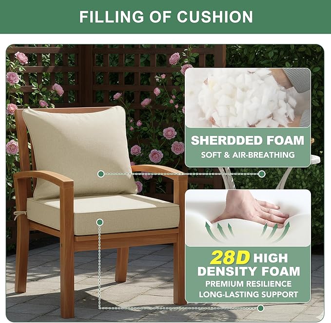Summsun Patio Chair Cushions 19 x 19 Inch, Faux Linen Outdoor Furniture Cushions, Water Resistant Backrest and Seat Cushion Set with Ties, Removable Cover, Non-Slip Bottom, Beige