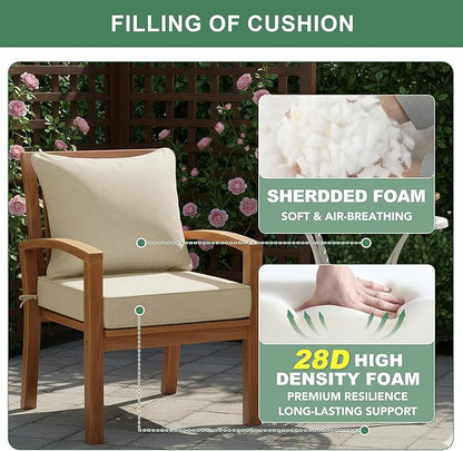 Summsun Patio Chair Cushions Set of 2, Faux Linen Outdoor Furniture Cushions, Water Resistant Backrest and Deep Seat Cushion Set with Ties, Removable Cover, Non-Slip Bottom, 24 x 24 Inch, Beige