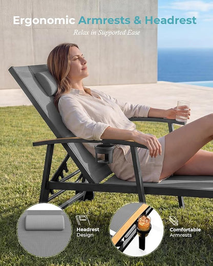 Ciokea Outdoor Lounge Chair with Pillow Set of 2, 5-Position Aluminum Chaise Lounge with Wheels & Armrests, 400 lbs Heavy Duty Patio Pool Chair for Backyard, Deck, Beach & Poolside, Grey