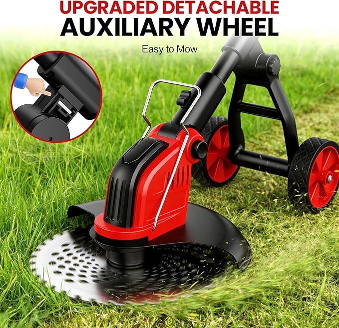 Electric Weed Wacker with Wheels, 12-Inch 2x3.0Ah 21V Battery Powered Weed Eater, Cordless Lawn Mower with 4 Types Blades, 800W Brushless Brush Cutter, 20000RPM Grass Trimmer for Garden Yard