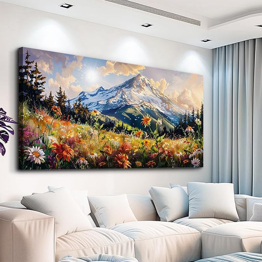 FUHAIHUA Canvas Wall Art For Living Room Large Framed Wall Decor For Office Modern Bedroom Decorations Mountain Flower Landscape Pictures Farmhouse Paintings Artwork Aesthetic Home Decor 30x60 In