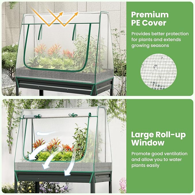 Giantex 3-in-1 Raised Garden Bed with Greenhouse Cover & Trellis Rope, Galvanized Metal Elevated Planter Box w/ Legs, Drainage Holes, 46”x23.5”x59” Raised Bed for Flower Herb Vegetable, Easy Assembly