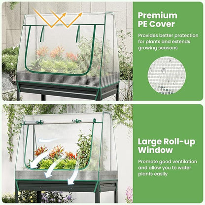Giantex 3-in-1 Raised Garden Bed with Greenhouse Cover & Trellis Rope, Galvanized Metal Elevated Planter Box w/ Legs, Drainage Holes, 46”x23.5”x59” Raised Bed for Flower Herb Vegetable, Easy Assembly