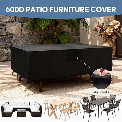 DUMOS Outdoor Furniture Cover Rectangular Heavy Duty 600D Waterproof UV Resistant Patio Sofa Couch Sectional Cover for Deck Table Chairs Backyard Dining Sets, 108"L x 82"W x 28"H, Classic Black