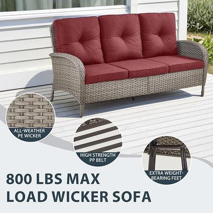 6 Piece Patio Furniture Set - Wicker Patio Conversation Set with Swivel Glider, 3-Seater Sofa, Tempered Glass Side Table and 2 Ottomans for Deck Backyard - Grey Wicker Red Cushion