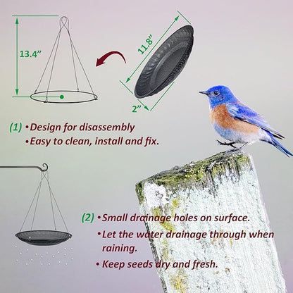 CQAIRIOU Upgraded Hanging Bird Feeder Tray (2 Sets),11.8” Stainless Steel Large Platform Open Bird Seed Tray for Outside Wild Birds