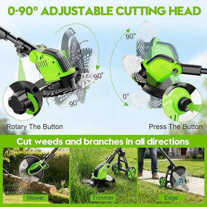 20000 RPM Electric Weed Wacker Cordless, 12″ Brushless Weed Eater Battery Powered with Wheel, 4-in-1 Grass Trimmer/Brush Cutter/String Trimmer, Lawn Mower Edger Stringless Weed Trimmer, 2 Battery Tool