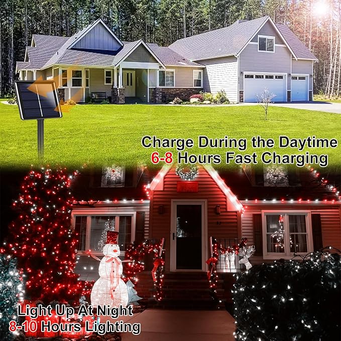 4 Pack 180FT Solar Christmas Lights Outdoor Waterproof, Super Bright 320 LED Solar String Lights with 8 Lighting Modes, Green Wire Solar Twinkle Tree Lights for Outside Xmas Party(Red and White)