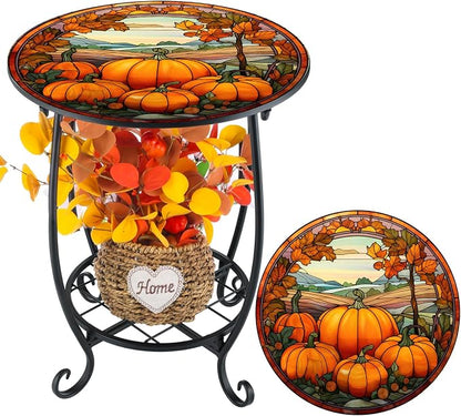 Cinnvoice Outdoor Side Table Round Small Mosaic Patio Accent Indoor End Plant Coffee Tea Table for Yard Patio Porch Garden Living Room, Bedroom(Pumpkin Style,14 Inch)
