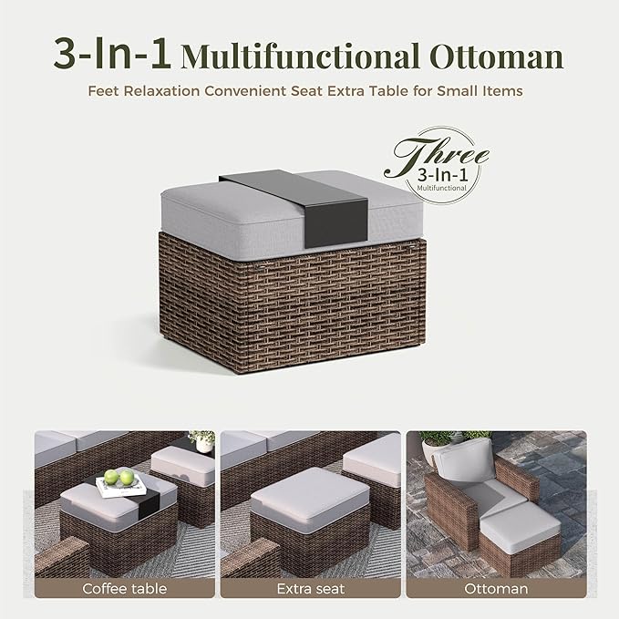 Patio Furniture Set, 6 Pieces Outdoor Furniture Sets, Wicker Conversation Set with Swivel Rocker Chairs, Ottomans and Coffe Table, High Back Conversation Set Garden, Grey