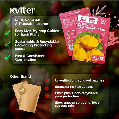 KVITER 50 Patty Pan Yellow Squash Seeds (Cucurbita pepo) – Bush Summer Squash Seed Packets, Scallop Yellow For Outdoor Garden – Non GMO Heirloom Vegetable Seeds For Planting in Home Garden Raised beds