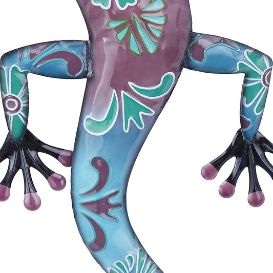 Deco 79 Metal Lizard Indoor Outdoor Floral Patterned Wall Decor with Purple and Teal Accents, 18" x 3" x 33", Blue