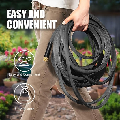 Non-Expandable Garden Hose 50feet, Flexible Water Hose with 10 Function Hose Nozzle, Lightweight, Tangle Free, Rust Proof for Yard (Black)