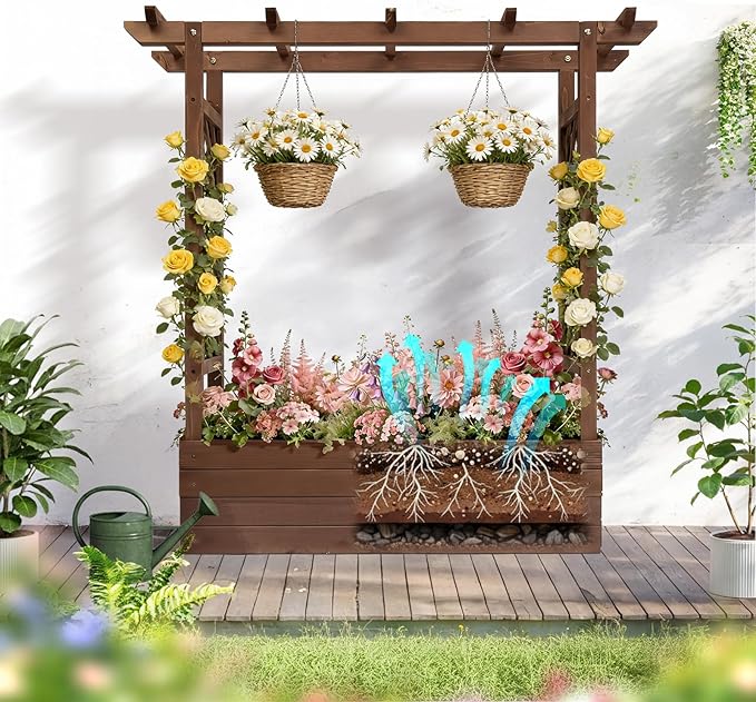 VINGLI Raised Garden Bed with Trellis & Hanging Roof, Wooden Garden Bed, Outdoor Planter Box for Yard, Garden, Balcony (Carbonized Wood Color, Medium)