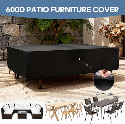 DUMOS Outdoor Furniture Cover Rectangular Heavy Duty 600D Waterproof UV Resistant Patio Sofa Couch Sectional Cover for Deck Table Chairs Backyard Dining Sets, 111"L x 74"W x 28"H, Classic Black
