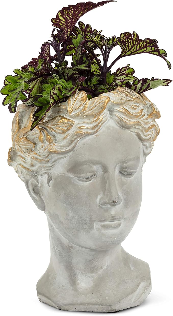 Abbott Collection Aphrodite Head Planter – Small Indoor and Outdoor Planter Pots – Whimsical Woman Statue Head Planter for Flowers and Succulents (Grey/Gold, 8.5" Tall, 3.5" Opening)