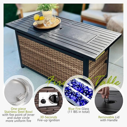 Sophia & William Patio Furniture Set with Fire Pit Table, Large Outdoor Wicker Rattan Sectional Sofa 10 Piece Patio Conversation Set for Deck, Backyard, Porch, Outside(56-Inch Fire Pit,Beige)