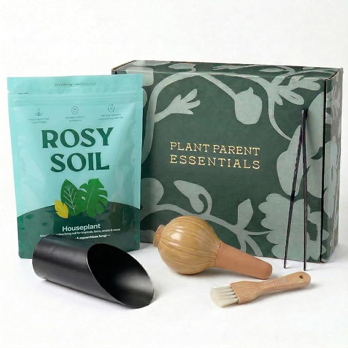 Rosy Soil Plant Parent Essentials Gift Box - Indoor Plant Kit & Gardening Tool Kit | Peat-Free Houseplant Soil, Terracotta Watering Bulb, Soil Scoop, Plant Brush - Gift for Plant Lovers