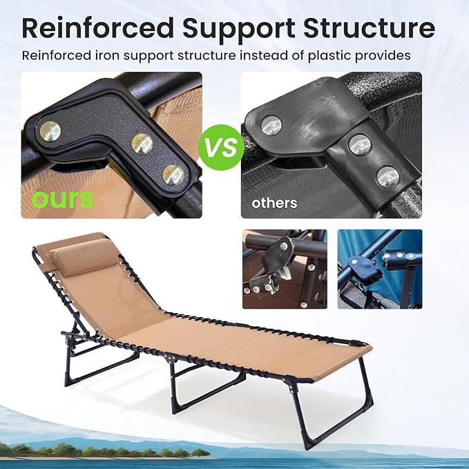 Outdoor Folding Chaise Lounge 5-Position Adjustable Recliner 400LB Heavy Duty Portable Patio Camping Beach Chair, Beige