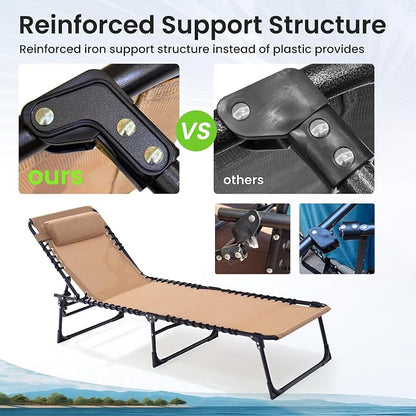 2 Pack Outdoor Folding Chaise Lounge 5-Position Adjustable Recliner 400LB Heavy Duty Portable Patio Camping Beach Chair, Beige