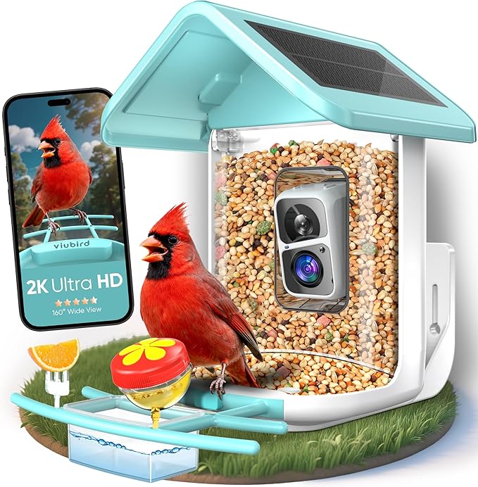 Bird Feeder with Camera Solar Powered - Smart Bird Feeder Camera 2K HD Live Stream, 5MP Photos, AI Identification for Backyard, 2.4Lb Large Capacity, Gifts for Mom Dad, Blue White