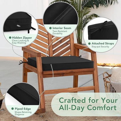 Outdoor Chair Cushions Set of 4: Waterproof & Fade Resistant Seat Cushion for Patio Furniture - 19 x 19 x 2 Inch Chair Pads with Ties and Hidden Zipper - Patio Chair Cushion Replacement, Black