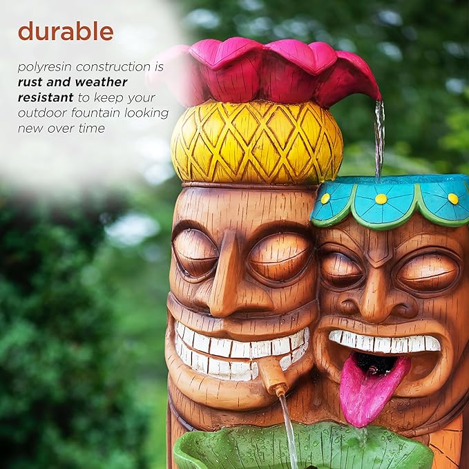 Alpine Corporation - 3-Tiered Colorful Tiki Head Water Fountain, Indoor/Outdoor Tropical Waterfall with LED Lights, for Garden, Patio, Yard, 35" H