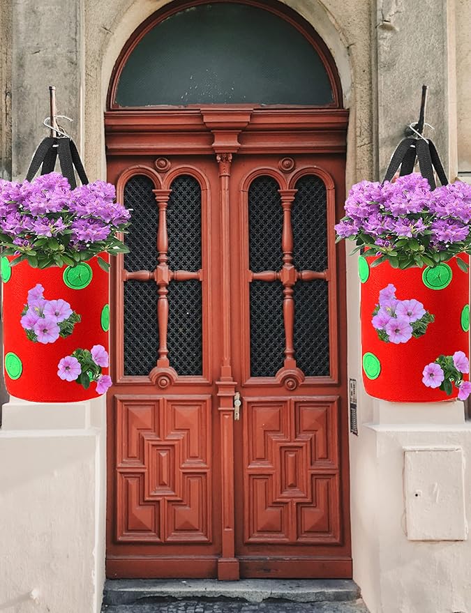 Miewslan 2 Packs Hanging Strawberry Planter, Upside Down Tomato Grow Bag Tomato Potato Strawberry Grow Bags Garden Plant Vegetable Planting Bag with Holes(Green+Red)