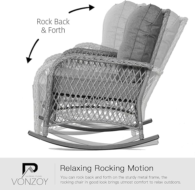 Patio Furniture Set 3 Pieces, Wicker Outdoor Rocking Bistro Set with Thick Cushions, Outdoor Rocker Chairs and Coffee Table for Porch, Backyard or Garden (Grey)