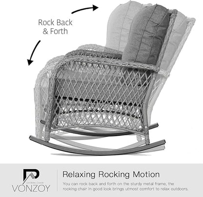 Patio Furniture Set 3 Pieces, Wicker Outdoor Rocking Bistro Set with Thick Cushions, Outdoor Rocker Chairs and Coffee Table for Porch, Backyard or Garden (Grey)
