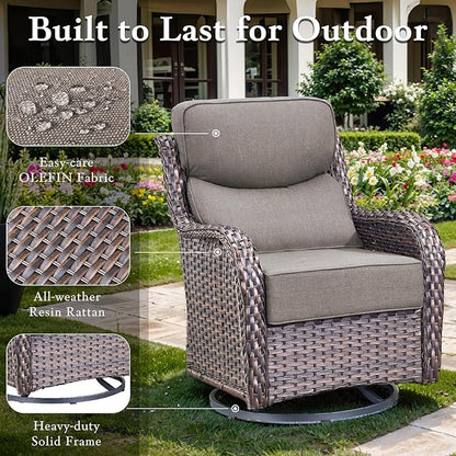 Luxury High Back Outdoor Furniture with 6-inch Extra Thick Cushions, Patio Furniture Set with Swivel Chairs, 4 PCS Wicker Conversation Set for Yard, Deck, Poolside, Brown/Grey