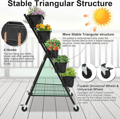 Homdox 5-Tier Vertical Garden Bed with Lockable Caster Wheels and Storage Rack - 4FT Vertical Raised Bed with 5 Garden Planter Boxes- Perfect to Grow Vegetables Herbs Flowers Indoor(Black)