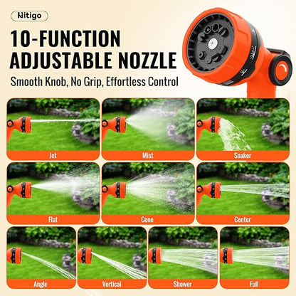 Nitigo Ultra Lightweight Garden Hose 100FT, Non-Expanding Water Hose with 10-Function Nozzle, Wear-Resistant Nylon Outer Layer, No-Kink, Leak-Proof, Burst 280 PSI for Yard, Outdoor (3/4" GHT)