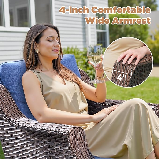 Patio Wicker Chairs Swivel Rocker-Outdoor Swivel Rocker Chair Set of 2 with All Weather Wicker Glider Rocker Set, PE Rattan Swivel Rocking Chair with Side Table for Yard Balcony Deck Porch Brown/Blue