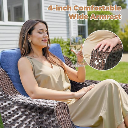 Outdoor Patio Furniture Set-9 Piece High Back Outdoor Furniture Set Sectional Sofa with Wicker Swivel Rocker Patio Chairs,Thick Cushions Ottomans for Porch Balcony Patio Deck Brown/Blue