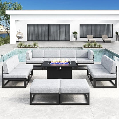 LayinSun Large Aluminum Patio Furniture Set with Fire Pit Table, 11 Pieces Modern Outdoor Conversation Set Sectional Metal Sofa Set with Olefin Cushion