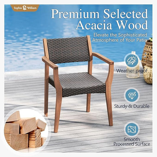Sophia & William Patio Dining Chair Set of 2, Outdoor Rattan Wicker Dining Chairs with Sturdy Acacia Wood Frame,Weather Resistant Accent Chairs for Garden, Backyard, Poolside, Balcony