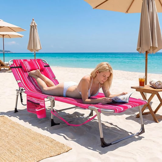 Giantex Set of 2 Tanning Chair, 5-Position Adjustable Beach Chair with Face & Arm Hole, Hand/Shoulder Strap, Removable Pillow, Side Pocket, Load 330 Lbs, Sunbathing Chairs, Lounge Chairs Outdoor