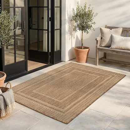MontVoo-2x3 Outdoor Rug Porch Entryway Rug-Polypropylene Door Mat Indoor Outdoor Entrance Entry Rugs Kitchen Rugs, Textured Weave, Durable, Fade-Resistant, Non-Shedding, Modern Neutral Brown
