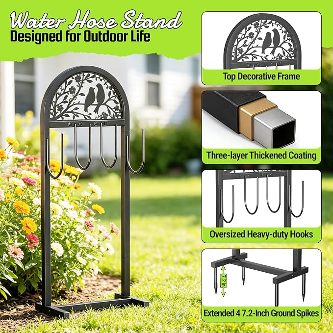 2 Pack Garden Hose Holder, Water Hose Stand with 4 Stake, Heavy Duty Metal Hose Hanger Holds 150Ft, Freestanding Hose Storage Rack for Outside,Yard & Lawn Garden