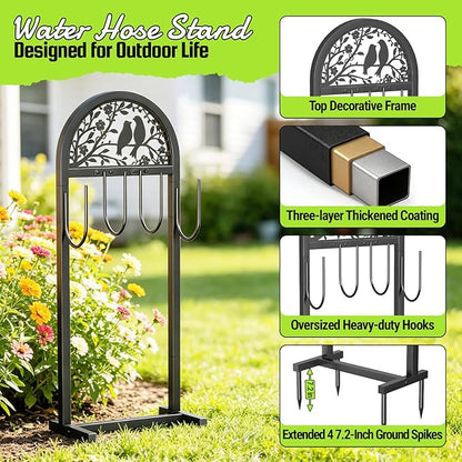 2 Pack Garden Hose Holder, Water Hose Stand with 4 Stake, Heavy Duty Metal Hose Hanger Holds 150Ft, Freestanding Hose Storage Rack for Outside,Yard & Lawn Garden