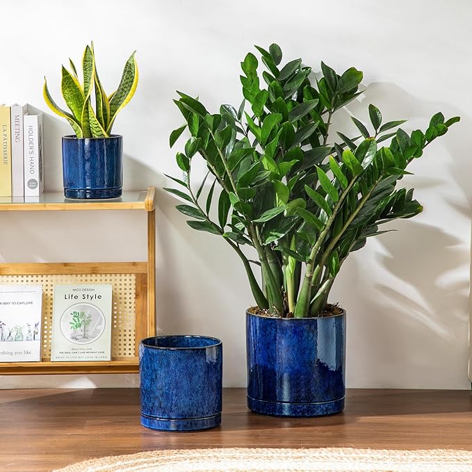 vancasso Ceramic Planters, Plant Pots for Indoor Plants, 6.25+8.25+10.25 Inch Ceramic Pots for Plants, Flower Pots with Drainage Holes (Blue, 6.25+8.25+10.25 Inch)