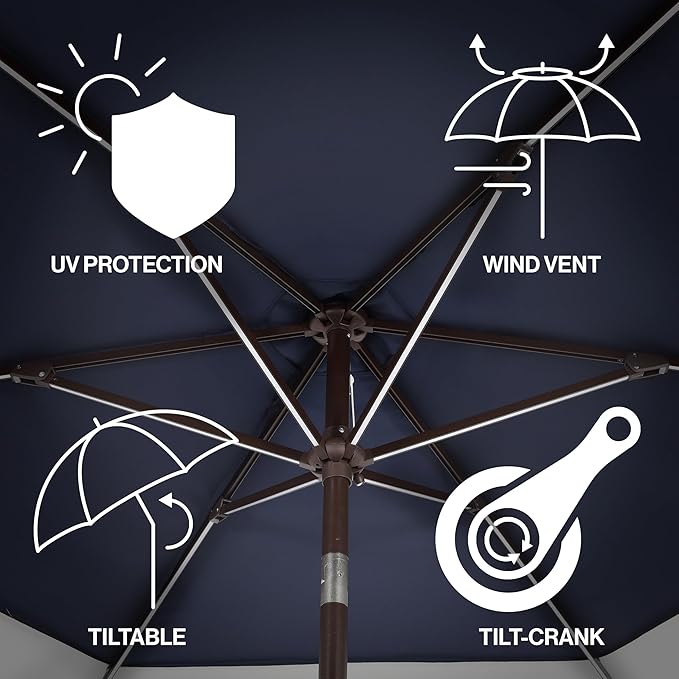 JONATHAN Y UMB1100A Spencer 9 ft. Classic Coastal 2-Tone Solar LED Market Patio Umbrella with 12 LED Strip Lights, Auto-Tilt, Crank and UV Protection in Navy/White