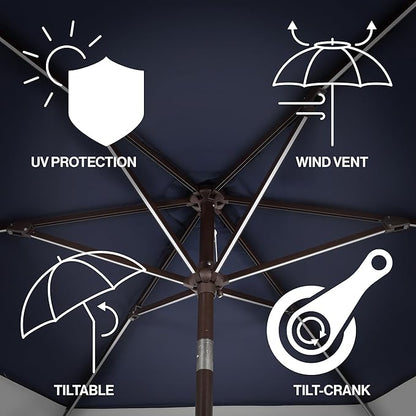 JONATHAN Y UMB1100A Spencer 9 ft. Classic Coastal 2-Tone Solar LED Market Patio Umbrella with 12 LED Strip Lights, Auto-Tilt, Crank and UV Protection in Navy/White