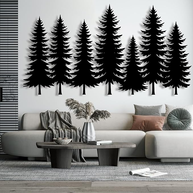 lunwall Metal Pine Tree Wall Art, Metal Forest Wall Art, Pine Branch Wall Decor, Christmas Tree Wall Decor, Forest Wall Hanging, Nature Lover Gift (Style 1, 69" W x 37" H / 175 x 95 cm)